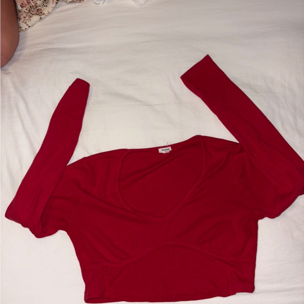 Garage Red Long Sleeve V-Neck Blouse